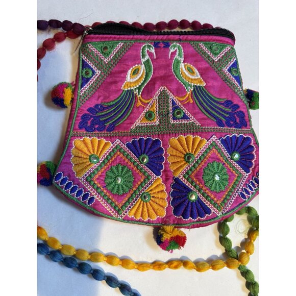 Handmade Embroidered Boho Crossbody Bag With Peacock Design & Multicolor Strap - Picture 7 of 16